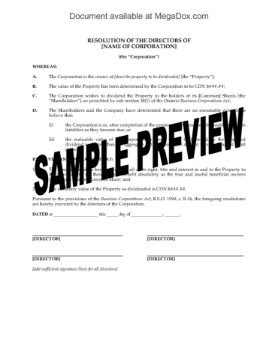 Ontario Directors Resolution declaring dividend of company property Ontario Directors Resolution declaring dividend of company property