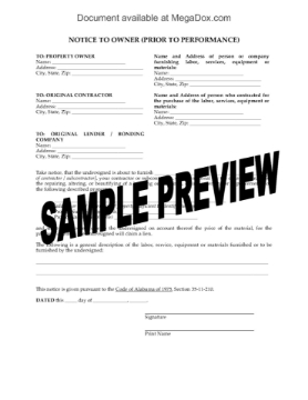 Alabama Notice to Owner Prior to Commencement form Alabama Notice to Owner Prior to Commencement form