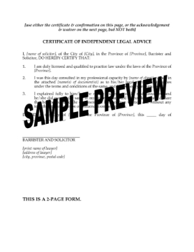 Canada Certificate of Independent Legal Advice Canada Certificate of Independent Legal Advice