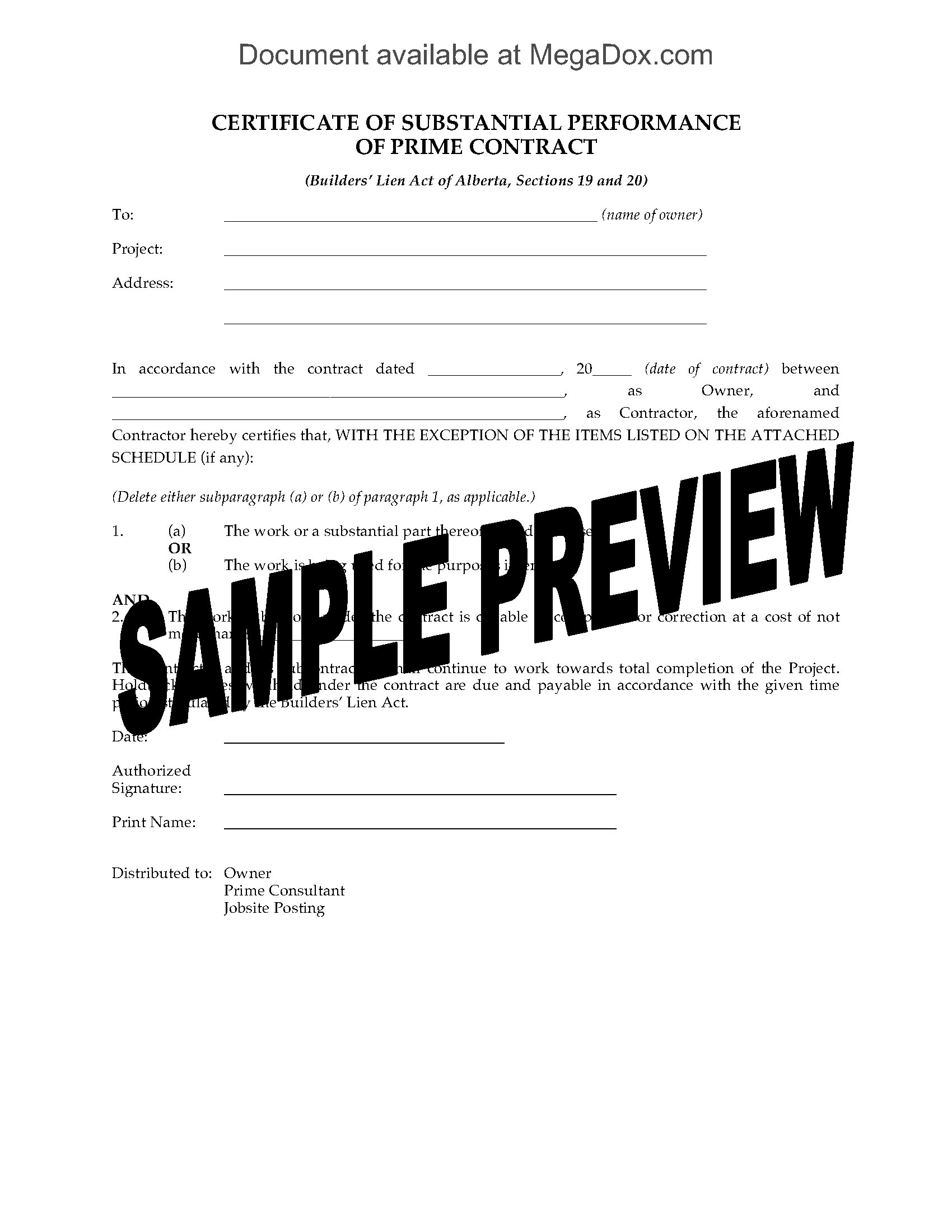 Alberta Certificate of Substantial Performance