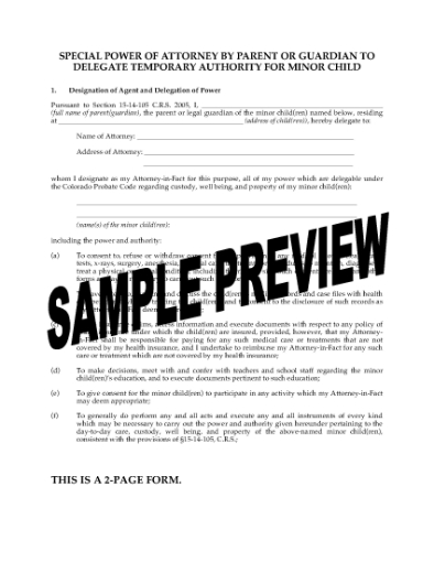 Picture of Colorado Power of Attorney to Delegate Temporary Authority for Minor Child