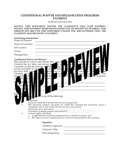 Picture of California Conditional Waiver and Release of Lien (Progress Payment)