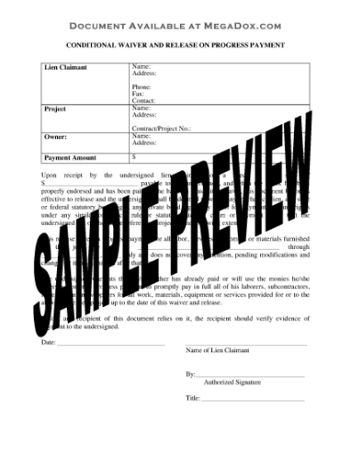 Picture of Pennsylvania Conditional Waiver and Release of Lien Upon Progress Payment