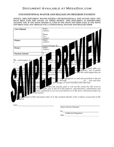Picture of Pennsylvania Unconditional Waiver and Release of Lien Upon Progress Payment