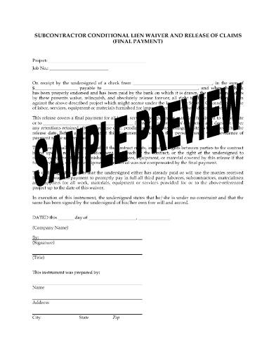 Colorado Subcontractor Conditional Lien Waiver and Release - Final Payment