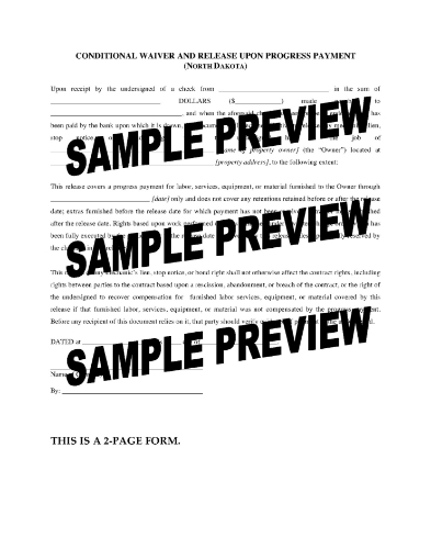 North Dakota Conditional Lien Waiver and Release on Progress Payment