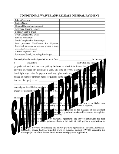 Ohio Conditional Lien Waiver and Release on Final Payment