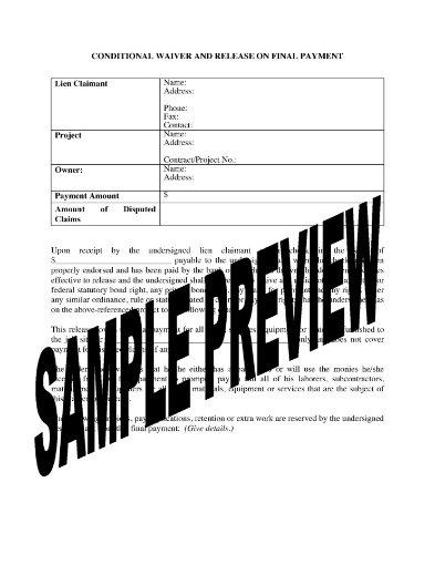 Oregon Conditional Lien Waiver and Release on Final Payment
