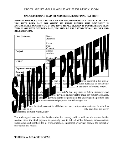 Oregon Unconditional Lien Waiver and Release on Final Payment