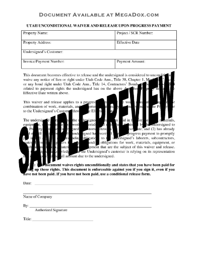 Utah Unconditional Lien Waiver and Release on Progress Payment