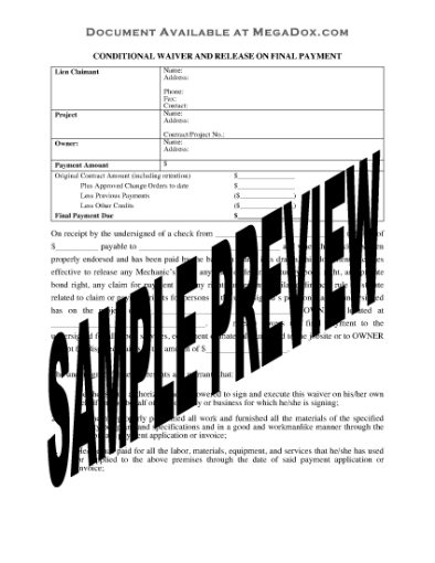 Picture of Washington Conditional Lien Waiver and Release on Final Payment