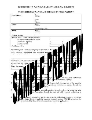 Washington Unconditional Lien Waiver and Release on Final Payment