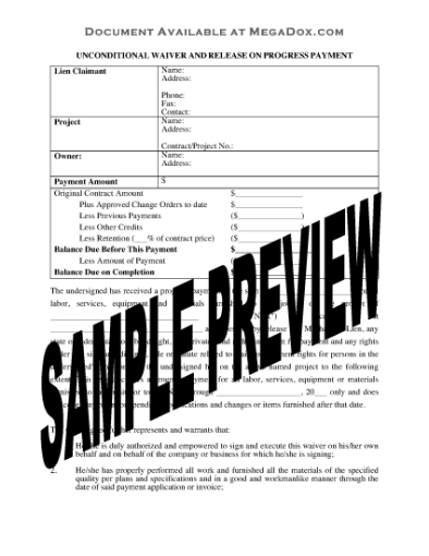 Picture of Washington Unconditional Waiver and Release of Lien Upon Progress Payment