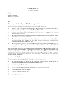 Letter of Intent for Exclusive Supply and Development Letter of Intent for Exclusive Supply and Development