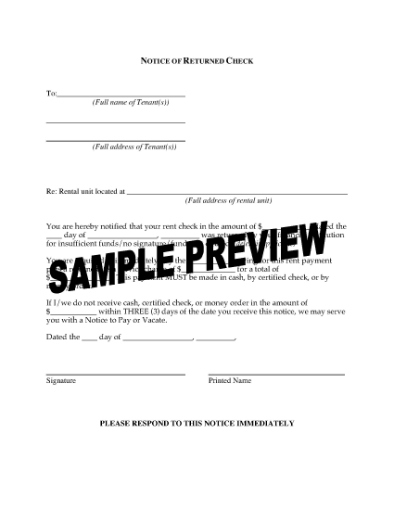Picture of Colorado Notice of Returned Rent Check