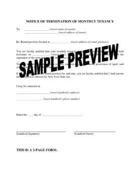 New York Notice to Tenant of Termination of Monthly Tenancy (other than NYC) New York Notice to Tenant of Termination of Monthly Tenancy (other than NYC)