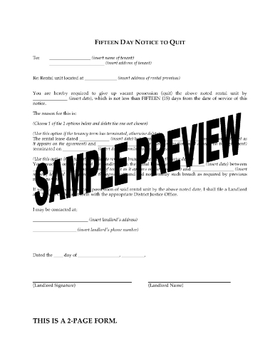 Pennsylvania 15 Day Notice to Quit (Tenancies 1 Year or Less)
