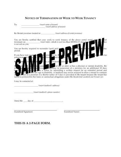 Picture of Nevada Notice to Tenant of Termination of Weekly Tenancy
