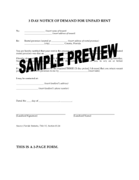 Florida 3 Day Notice of Demand for Unpaid Rent Florida 3 Day Notice of Demand for Unpaid Rent