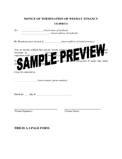 Alberta Notice of Termination by Weekly Tenant
