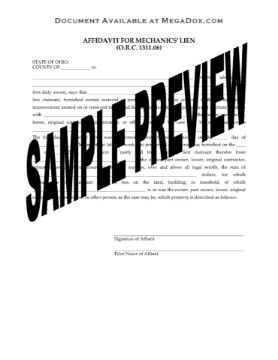 Ohio Affidavit for Mechanics Lien Ohio Affidavit for Mechanics Lien