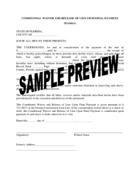 Florida Lien Waiver and Release Forms Package of 4 Florida Lien Waiver and Release Forms