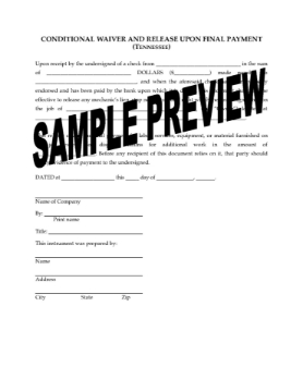 Tennessee Lien Waiver and Release Forms Package Tennessee Lien Waiver and Release Forms Package