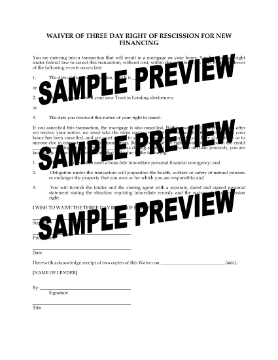 Show details for Waiver of Three Day Right of Rescission for New Financing | USA Picture of Waiver of Three Day Right of Rescission for New Financing | USA