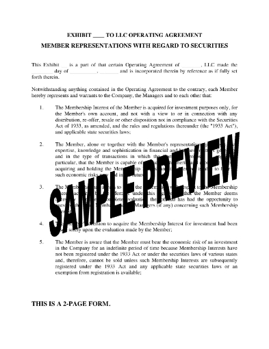 USA LLC Member Representations with Regard to Securities