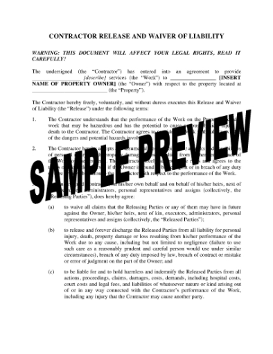 Picture of Waiver and Release of Homeowner by Contractor | Canada