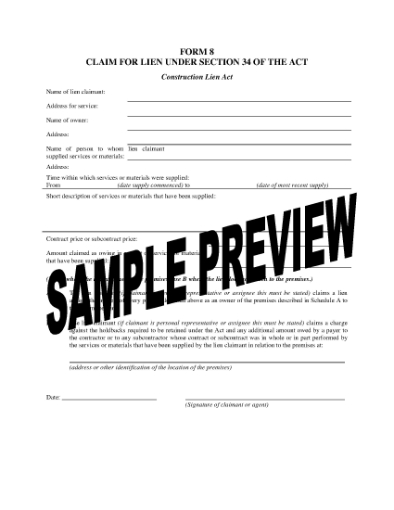Picture of Ontario Claim for Lien