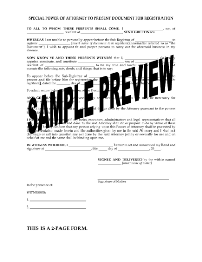 Picture of India Special Power of Attorney to Present Document for Registration