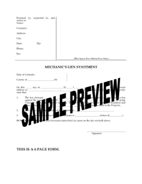 Colorado Mechanic's Lien Statement - Individual Colorado Mechanic's Lien Statement - Individual