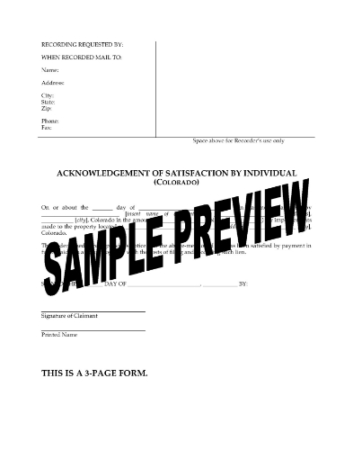 Colorado Acknowledgement of Satisfaction of Lien - Individual