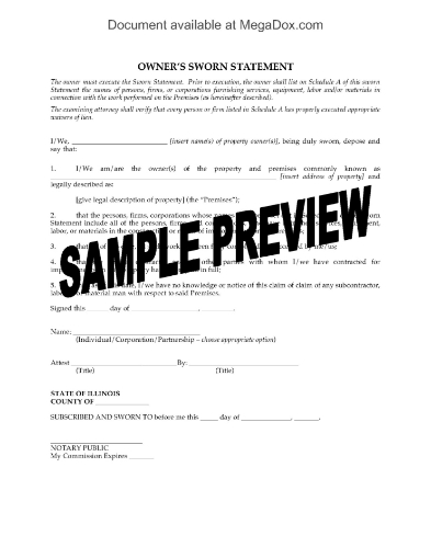 Illinois Owner's Sworn Statement (Mechanics Lien Act)