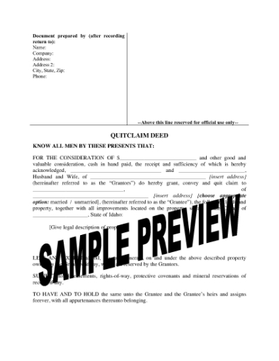 Picture of Idaho Quitclaim Deed from Husband and Wife to Individual