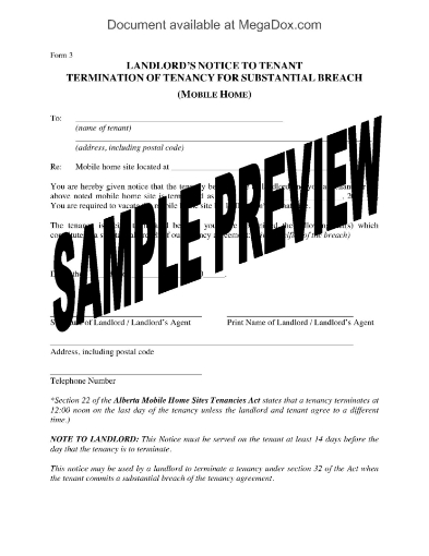 Alberta Termination of Tenancy for Substantial Breach—Mobile Home