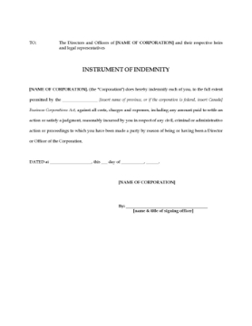 Canada corporate indemnity of directors and officers Free corporate indemnity form for directors and officers of Canadian corporation