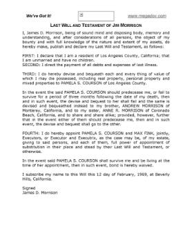 Last Will and Testament of Jim Morrison Last Will and Testament of Jim Morrison