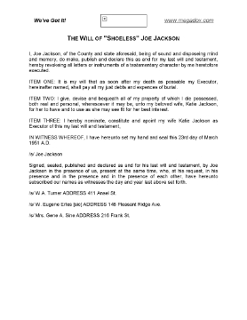 Show details for Shoeless Joe Jackson Last Will and Testament Picture of Shoeless Joe Jackson Last Will and Testament