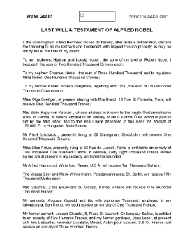 Show details for Alfred Nobel Last Will and Testament Picture of Alfred Nobel Last Will and Testament