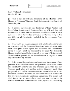 Show details for T. H. Huxley Last Will and Testament Picture of T. H. Huxley Last Will and Testament