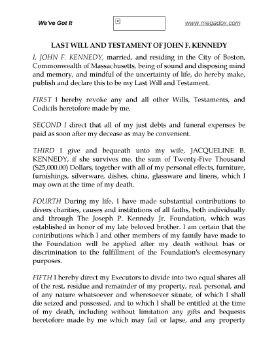 Show details for John Fitzgerald Kennedy Last Will and Testament Picture of John Fitzgerald Kennedy Last Will and Testament