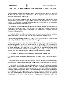 Show details for Myles Standish Last Will and Testament Picture of Myles Standish Last Will and Testament