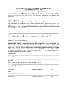 Incorporation Checklist for Canadian Business Corporation Checklist of required items to incorporate a business corporation in Canada