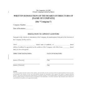 UK Director Resolution to Appoint Auditors Picture of Board of Directors Resolution to Appoint Auditors | UK