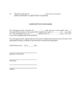 Canada Share Subscription Form Subscription for Shares form for a Canadian corporation