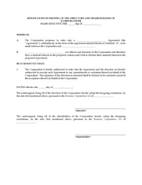 Corporate resolution disclosing material interest Resolutions of a corporation disclosing the material interest of a director or other insider in a contract to which the corporation is a party