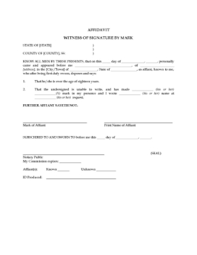 USA Affidavit of Witness by Mark USA Affidavit by a witness who is unable to sign but can make a mark