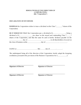 Canada directors resolution declaring share dividends Resolution of the directors of a Canadian corporation declaring a dividend on shares